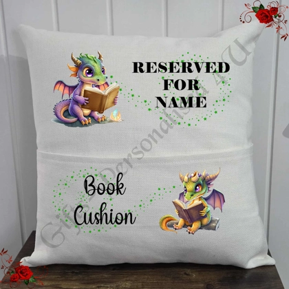 Personalised 16″ Pocket Cushion - Book Lovers - Dragons - Name - D.7