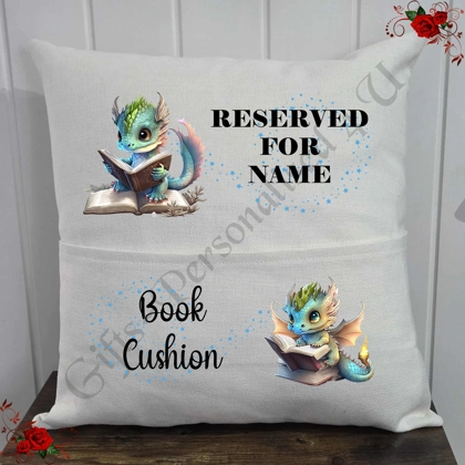 Personalised 16″ Pocket Cushion - Book Lovers - Dragons - Name - D.9