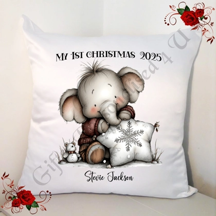 Personalised White 18" Cushion - Elephant - My 1st Christmas - Name - D.1