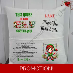 Personalised 16″ Pocket Cushion - Christmas Elf Return - Name - D.1