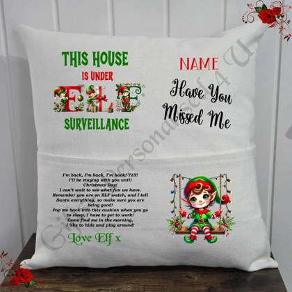 Personalised 16″ Pocket Cushion - Christmas Elf Return - Name - D.1