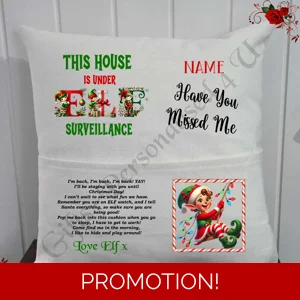Personalised 16″ Pocket Cushion - Christmas Elf Return - Name - D.3