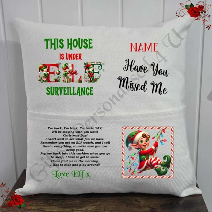 Personalised 16″ Pocket Cushion - Christmas Elf Return - Name - D.3