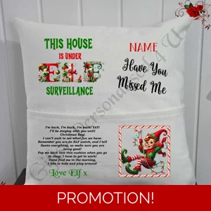 Personalised 16″ Pocket Cushion - Christmas Elf Return - Name - D.4