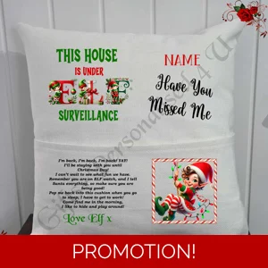 Personalised 16″ Pocket Cushion - Christmas Elf Return - Name - D.5