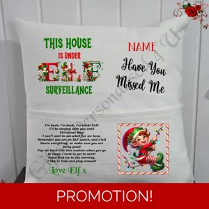 Personalised 16″ Pocket Cushion - Christmas Elf Return - Name - D.8