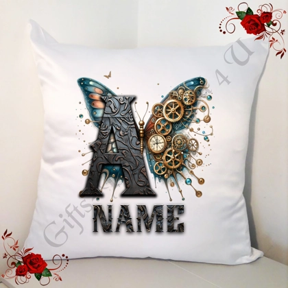 Personalised White 18" Cushion - Steampunk - Name - Initial A-Z - Design 1