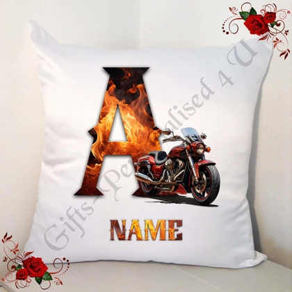 Personalised White 18" Cushion - Motorcycle - Name - Initial A-Z