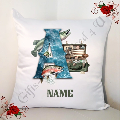 Personalised White 18" Cushion - Fishing - Name - Initial A-Z