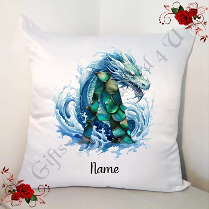Personalised White 18" Cushion - Water Dragon - Name - Initial A-Z
