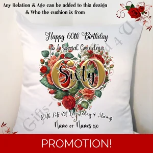 Personalised 18″ Cushion – Happy Birthday - Heart - 30 40 50 60 70 80 90 Mum Grandma Nan etc D.1