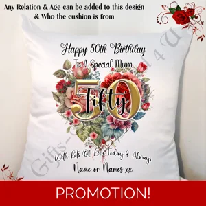 Personalised 18″ Cushion – Happy Birthday - Heart - 30 40 50 60 70 80 90 Mum Grandma Nan etc D.3