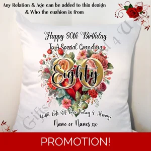Personalised 18″ Cushion – Happy Birthday - Heart - 30 40 50 60 70 80 90 Mum Grandma Nan etc D.4