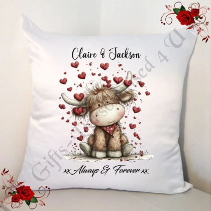 Personalised 18" White Cushion - Valentine's Day / Love - Highland Cow - Names - D.2