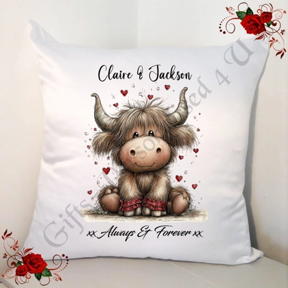 Personalised 18" White Cushion - Valentine's Day / Love - Highland Cow - Names - D.3