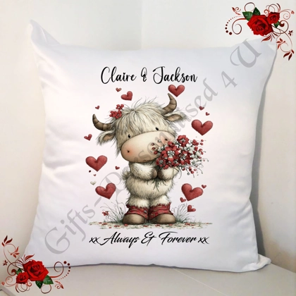 Personalised 18" White Cushion - Valentine's Day / Love - Highland Cow - Names - D.4