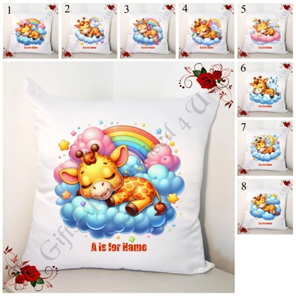 Personalised 14" Cushion - Giraffe - Baby / Newborn - Name & Initial - Designs 1-8