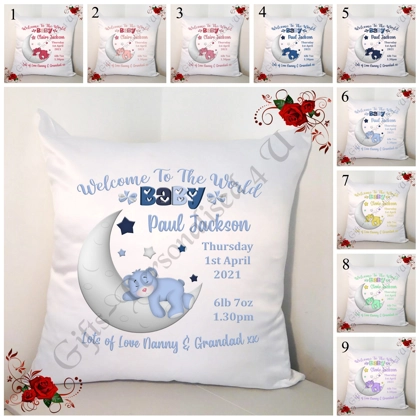 Personalised 18" Cushion - New Born Baby Gift - Bear - Designs 1-9