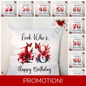 Personalised 18″ Cushion – Happy Birthday - Look Who's 18 21 30 40 50 60 70 etc - D.59