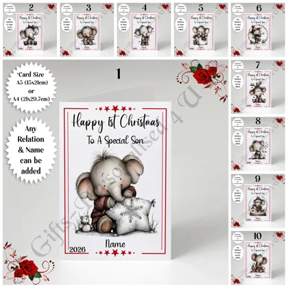 A5 or A4 Personalised Card - Baby Elephant - Happy 1st Christmas - Any Relation & Name - D.1-10