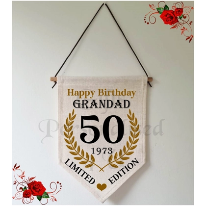 Personalised Linen Pennant Flag - Happy Birthday - Limited Edition - Age - Name  Design 1 Personalised Linen Pennant Flag - Happy Birthday - Limited Edition - Age - Name  Design 1