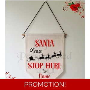 Personalised Linen Pennant Flag - Santa Stop Here For Name - Design 1
