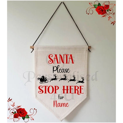 Personalised Linen Pennant Flag - Santa Stop Here For Name - Design 2