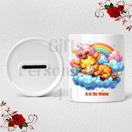 Personalised Ceramic Money Box - Giraffe - Name & Initial - Design 1