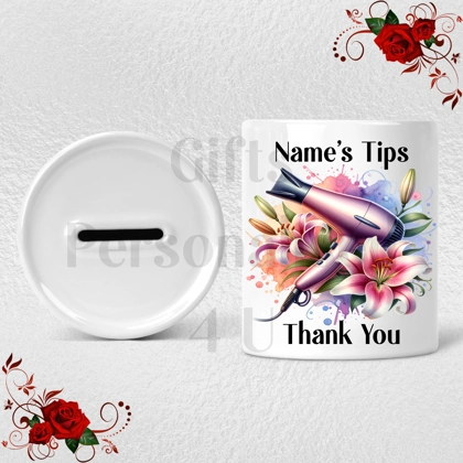 Personalised Ceramic Money Box - Tips Jar - Hair Salon - Name  - Design 1 Personalised Ceramic Money Box - Tips Jar - Hair Salon - Name  - Design 1