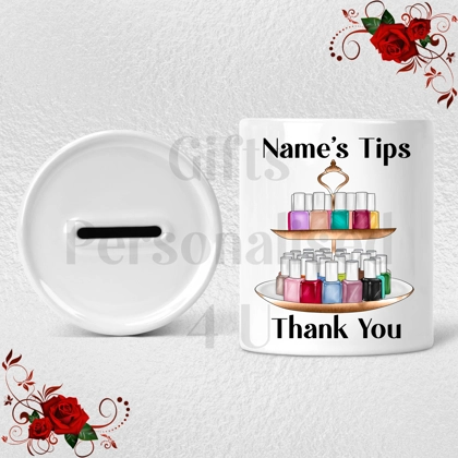 Personalised Ceramic Money Box - Tips Jar - Nail Salon - Name  - Design 1