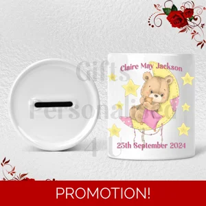 Personalised Ceramic Money Box - Moon Bear - Baby Name & D.O.B - Design 1