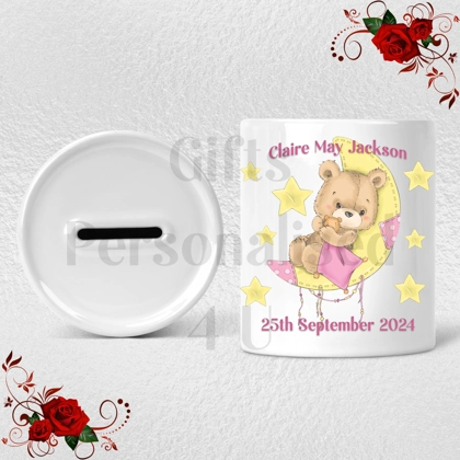 Personalised Ceramic Money Box - Moon Bear - Baby Name & D.O.B - Design 1