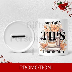 Personalised Ceramic Money Box - Tips Jar - Cafe / Coffee Shop etc  - Design 1