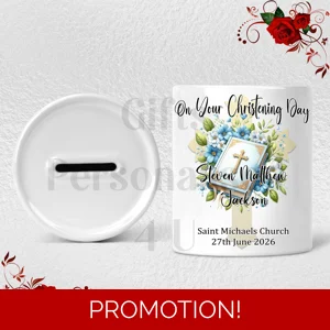 Personalised Ceramic Money Box - Christening - Name / Church / Date - D.20