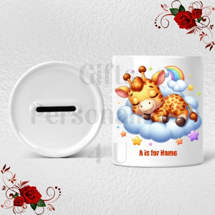 Personalised Ceramic Money Box - Giraffe - Name & Initial - Design 2