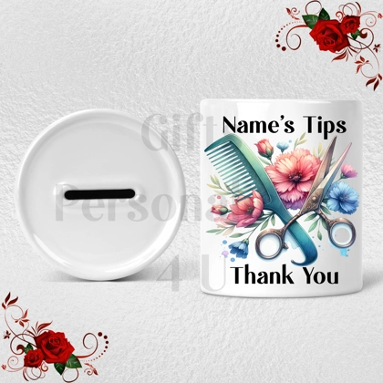 Personalised Ceramic Money Box - Tips Jar - Hair Salon - Name  - Design 2 Personalised Ceramic Money Box - Tips Jar - Hair Salon - Name  - Design 2