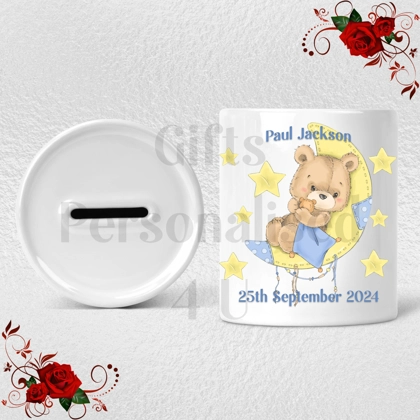 Personalised Ceramic Money Box - Moon Bear - Baby Name & D.O.B - Design 2
