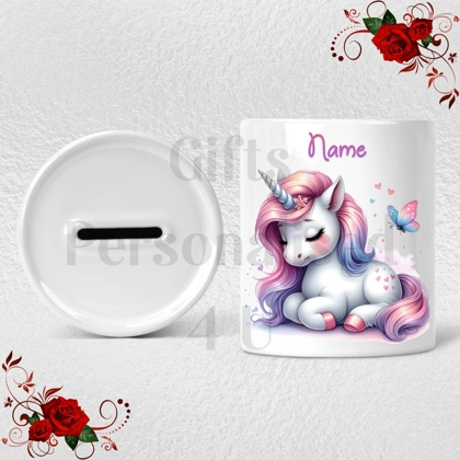 Personalised Ceramic Money Box - Unicorn - Name - Design 2