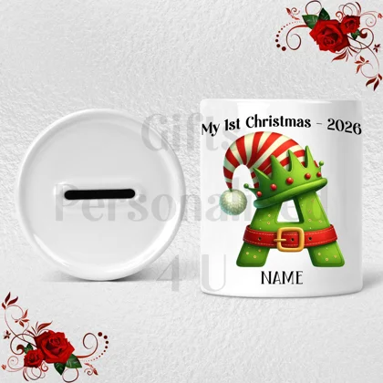 Personalised Ceramic Money Box - My 1st Christmas - Name / Initial - D.34