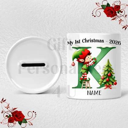 Personalised Ceramic Money Box - My 1st Christmas - Name / Initial - D.37