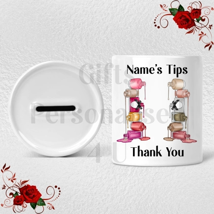 Personalised Ceramic Money Box - Tips Jar - Nail Salon - Name  - Design 3