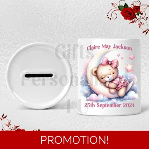 Personalised Ceramic Money Box - Moon Bear - Baby Name & D.O.B - Design 3