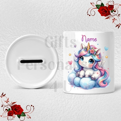 Personalised Ceramic Money Box - Unicorn - Name - Design 3
