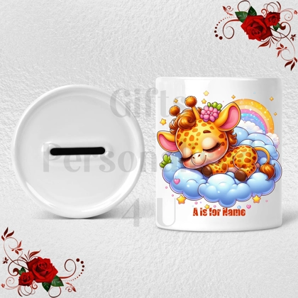 Personalised Ceramic Money Box - Giraffe - Name & Initial - Design 4