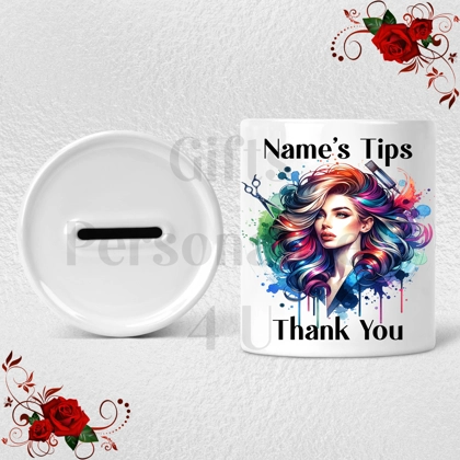 Personalised Ceramic Money Box - Tips Jar - Hair Salon - Name  - Design 4 Personalised Ceramic Money Box - Tips Jar - Hair Salon - Name  - Design 4
