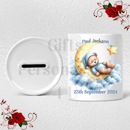 Personalised Ceramic Money Box - Moon Bear - Baby Name & D.O.B - Design 4