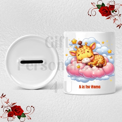 Personalised Ceramic Money Box - Giraffe - Name & Initial - Design 5