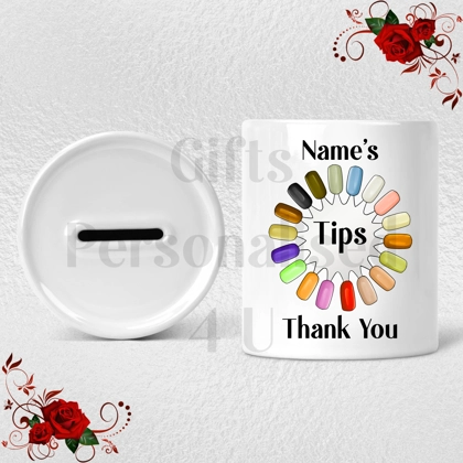 Personalised Ceramic Money Box - Tips Jar - Nail Salon - Name  - Design 5