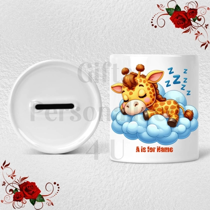 Personalised Ceramic Money Box - Giraffe - Name & Initial - Design 6