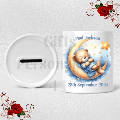 Personalised Ceramic Money Box - Moon Bear - Baby Name & D.O.B - Design 6